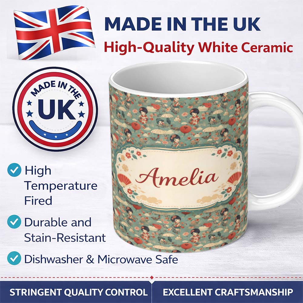 Personalized Custom Name Japanese Doll Umbrella Floral Pattern Traditional Style Design 11oz Ceramic Coffee Tea Mug White Large Handle