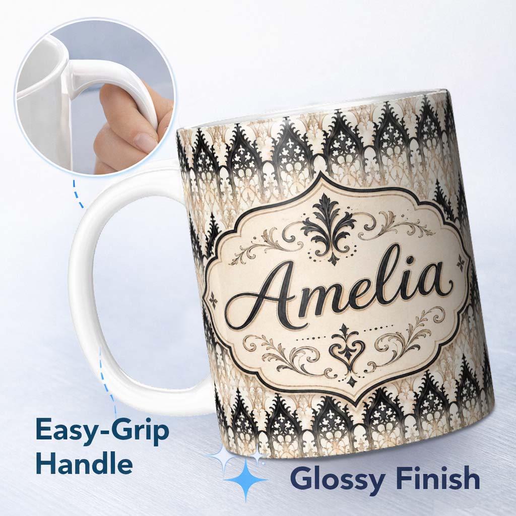 Personalized Custom Name Gothic Arch Ornamental Pattern in Neutral Tones Seamless Pattern 11oz Ceramic Coffee Tea Mug White Large Handle