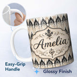 Personalized Custom Name Gothic Arch Ornamental Pattern in Neutral Tones Seamless Pattern 11oz Ceramic Coffee Tea Mug White Large Handle