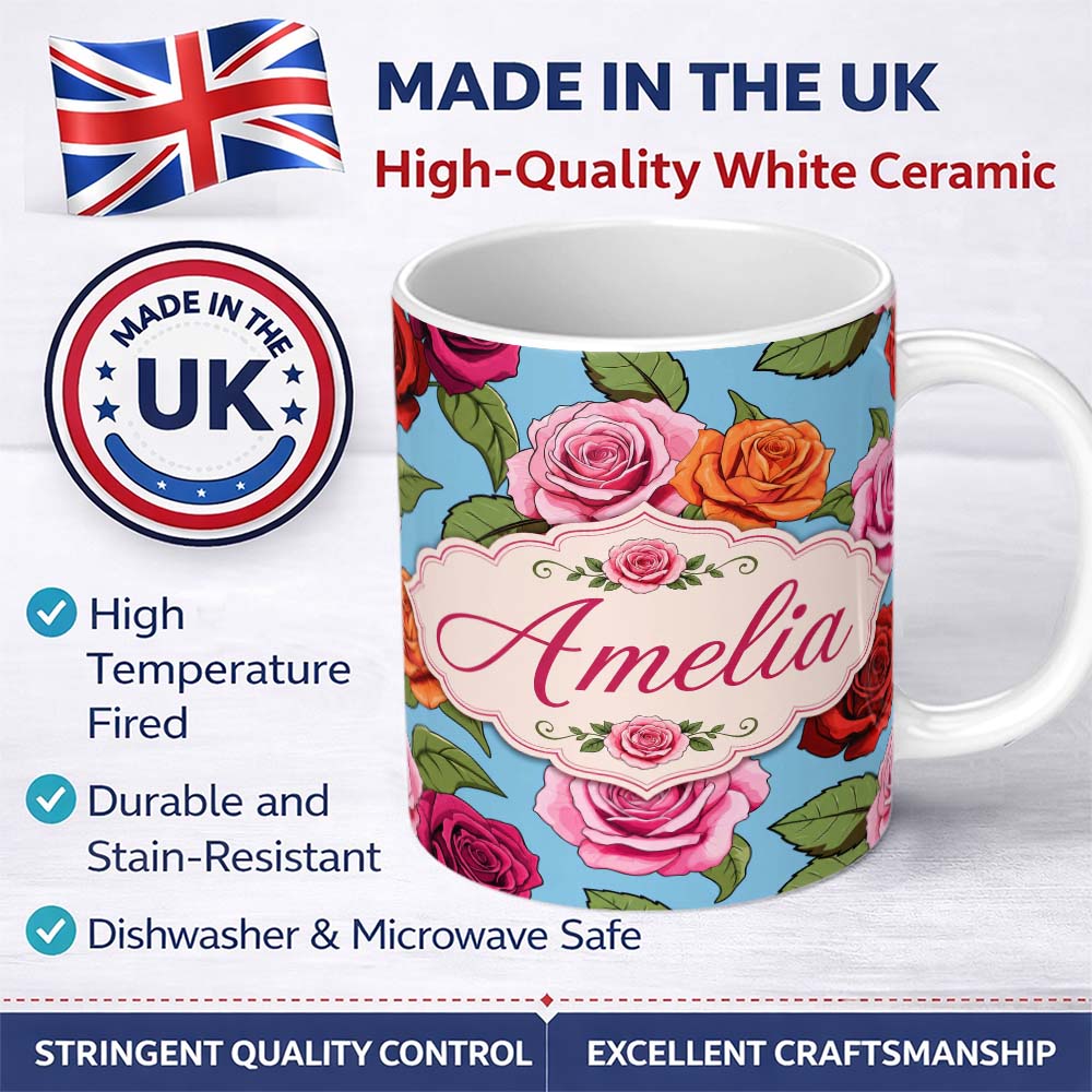 Personalized Custom Name Colorful Roses on Sky Blue Background Seamless Floral Pattern Lovely 11oz Ceramic Coffee Tea Mug White Large Handle