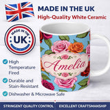 Personalized Custom Name Colorful Roses on Sky Blue Background Seamless Floral Pattern Lovely 11oz Ceramic Coffee Tea Mug White Large Handle