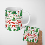Personalized Custom Name Modern Christmas Trees in Red and Green Winter Scene Seamless Lovely 11oz Ceramic Coffee Tea Mug White Large Handle