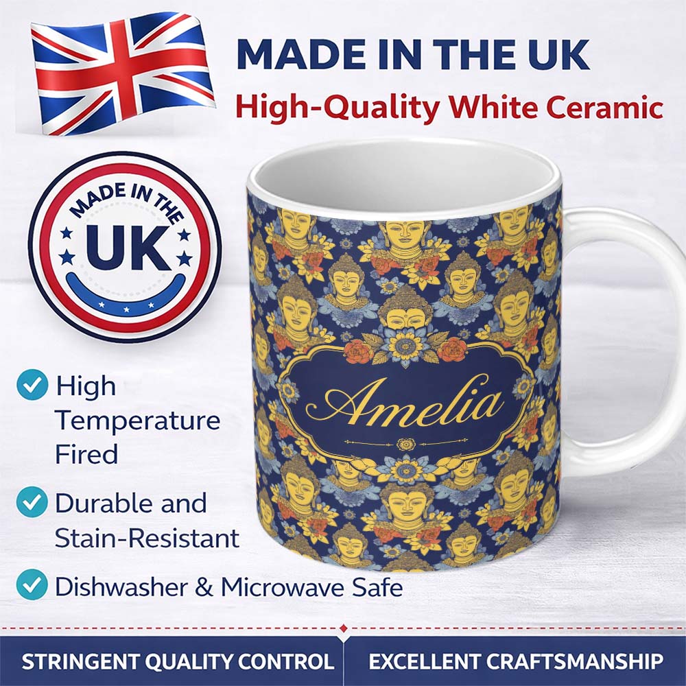 Personalized Custom Name Golden Buddha Faces with Floral Elements Seamless Pattern Lovely 11oz Ceramic Coffee Tea Mug White Large Handle