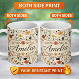 Personalized Custom Name Delicate Autumn Floral Botanical with Soft Leaves Seamless Pattern 11oz Ceramic Coffee Tea Mug White Large Handle