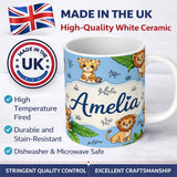 Personalized Custom Name Cute Jungle Animals Lion Tiger Leopard Tropical Leaves Sky Blue 11oz Ceramic Coffee Tea Mug White Large Handle