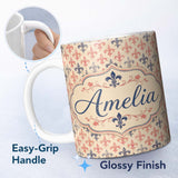 Personalized Custom Name Vintage French Fleur de Lis in Red and Blue on Distressed Beige 11oz Ceramic Coffee Tea Mug White Large Handle