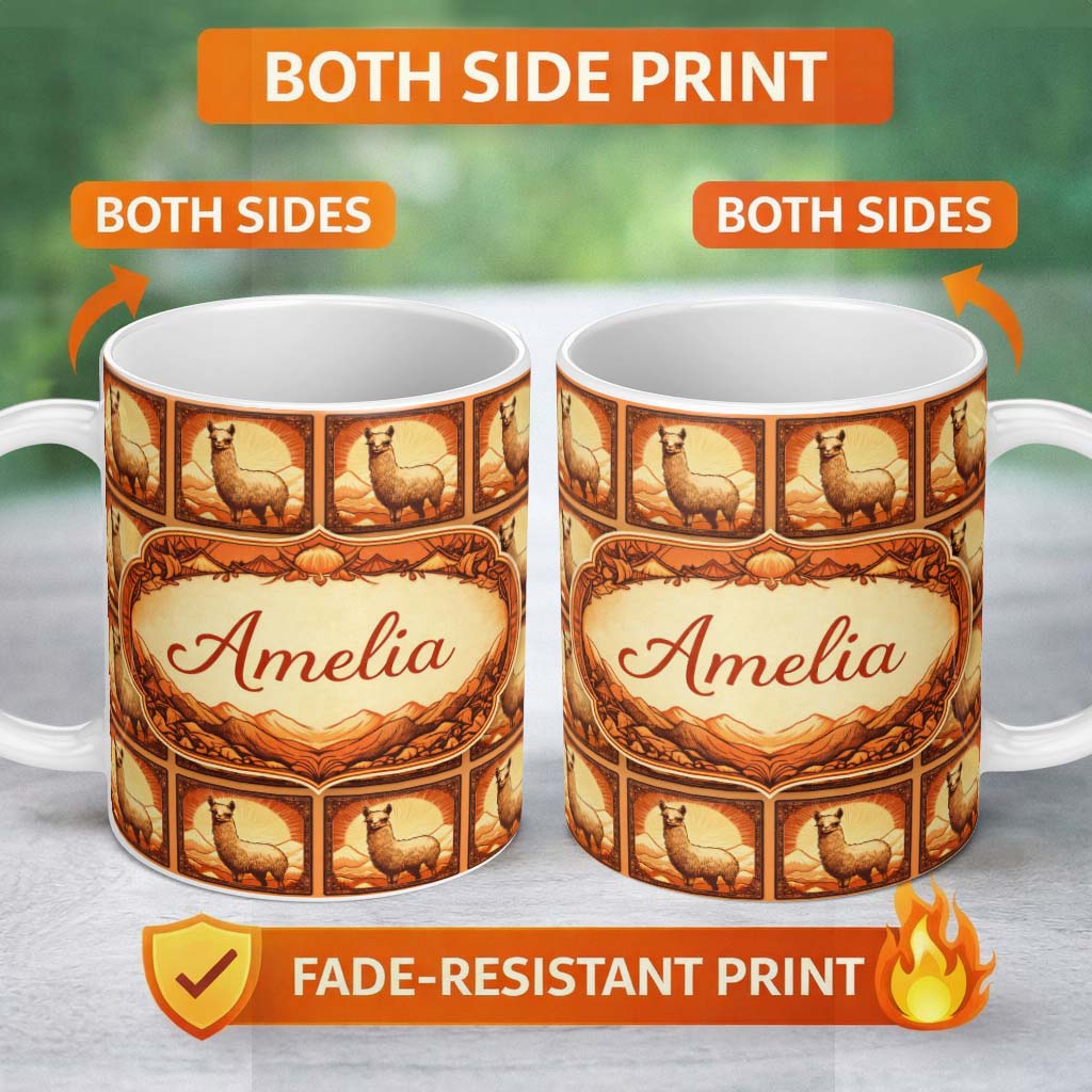 Personalized Custom Name Standing Alpaca Mountain Sunset Scenic Pattern Perfect Gift for Her 11oz Ceramic Coffee Tea Mug White Large Handle