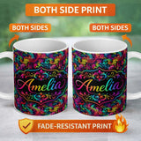Personalized Custom Name Psychedelic Rainbow Wave Swirl Pattern on Black Background Seamless 11oz Ceramic Coffee Tea Mug White Large Handle