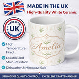 Personalized Custom Name Elegant Tulip Floral Frame Neutral Seamless Pattern Cute Unique Gift 11oz Ceramic Coffee Tea Mug White Large Handle
