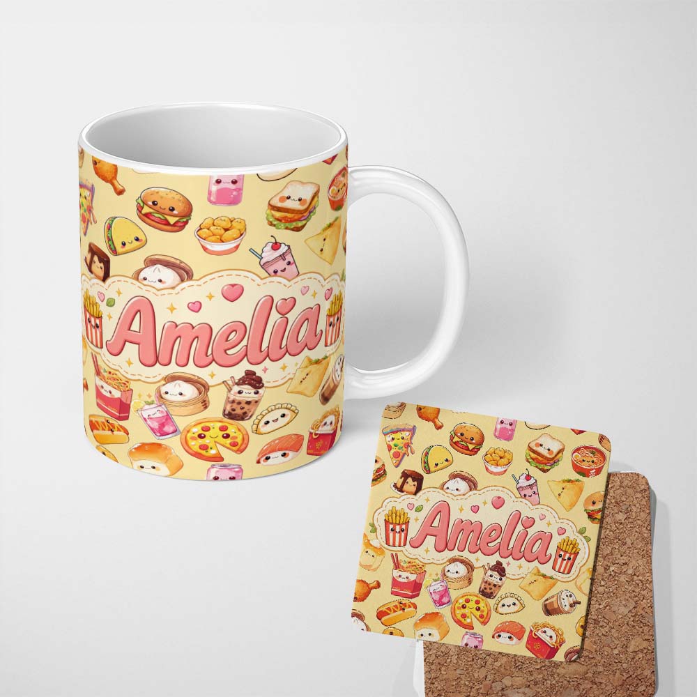 Personalized Custom Name Cute Kawaii Fast Food Snacks Warm Beige Background Seamless Pattern 11oz Ceramic Coffee Tea Mug White Large Handle