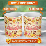 Personalized Custom Name Cute Kawaii Fast Food Snacks Warm Beige Background Seamless Pattern 11oz Ceramic Coffee Tea Mug White Large Handle