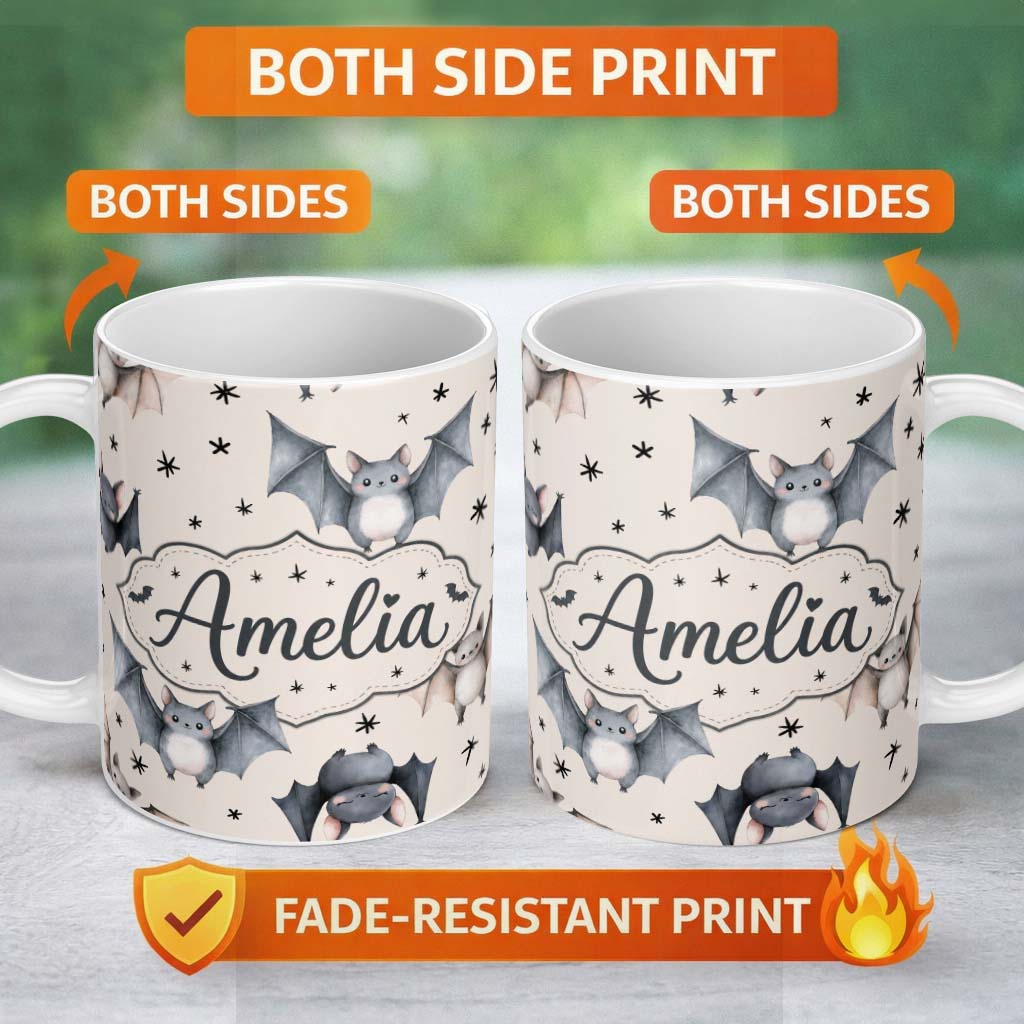 Personalized Custom Name Cute Baby Bats Flying with Stars Soft Beige Background Seamless 11oz Ceramic Coffee Tea Mug White Large Handle