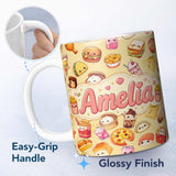 Personalized Custom Name Cute Kawaii Fast Food Snacks Warm Beige Background Seamless Pattern 11oz Ceramic Coffee Tea Mug White Large Handle