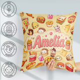 Custom Name Kawaii Fast Food Snacks Warm Beige Seamless Pattern Square Filled Cushion Throw Pillow Sofa Bed Home Decor Zip Washable UK Made