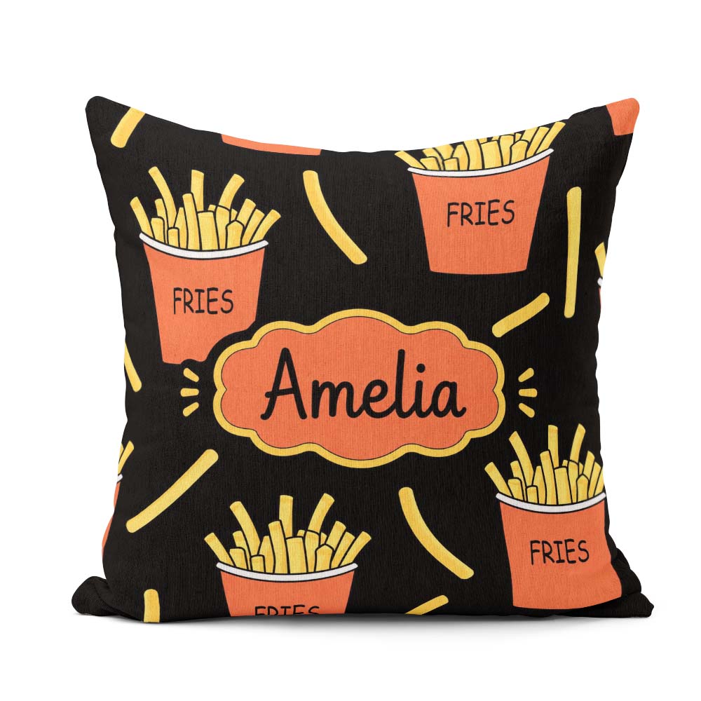 Custom Name Cute Kawaii French Fries Black Seamless Pattern Name Square Filled Cushion Throw Pillow Sofa Bed Home Decor Zip Washable UK Made