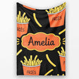 Cute Kawaii French Fries Black Background Seamless Pattern Name  Personalised Custom Name Super Soft Fleece Blanket Bed Sofa Throw