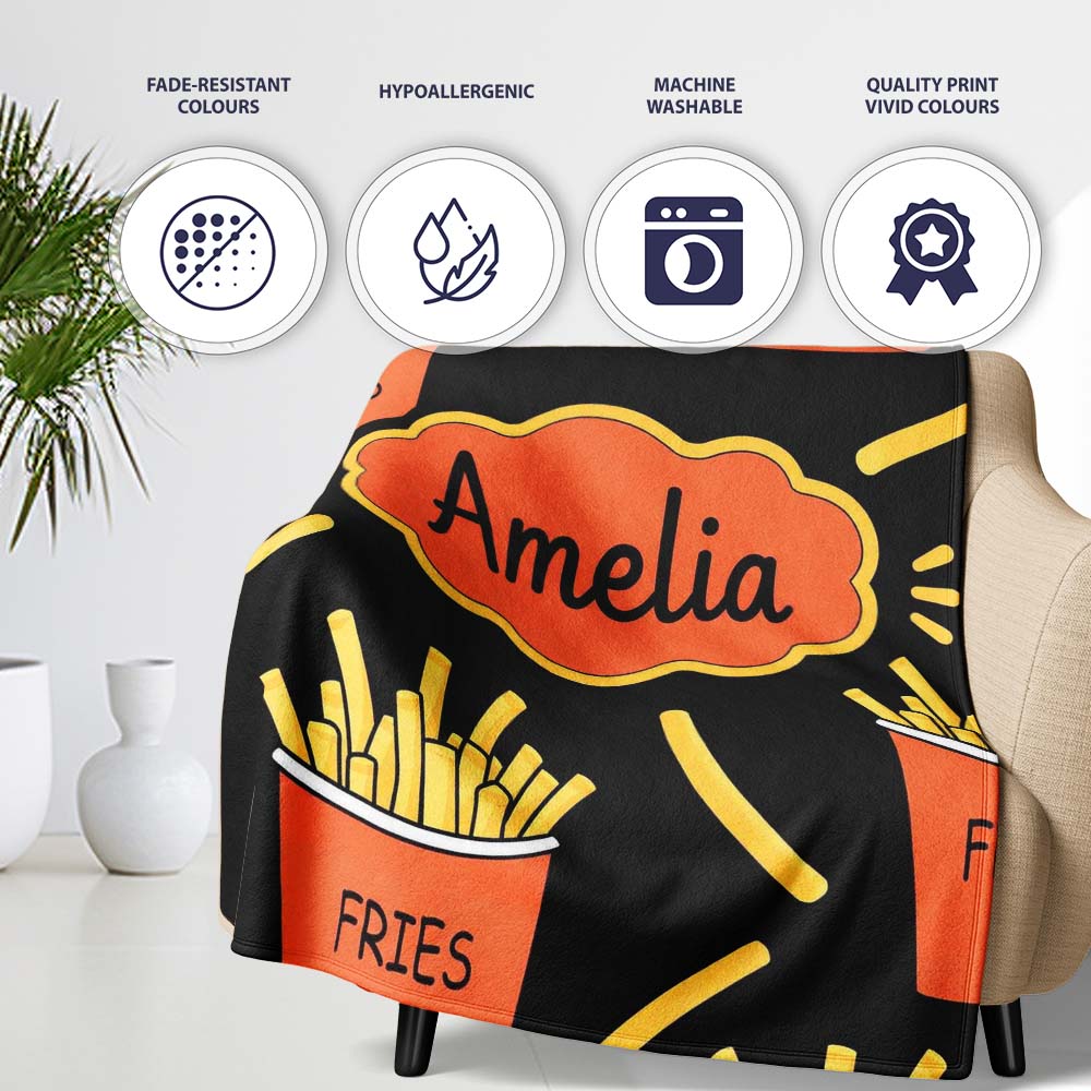 Cute Kawaii French Fries Black Background Seamless Pattern Name  Personalised Custom Name Super Soft Fleece Blanket Bed Sofa Throw