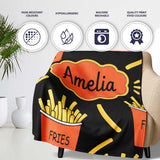 Cute Kawaii French Fries Black Background Seamless Pattern Name  Personalised Custom Name Super Soft Fleece Blanket Bed Sofa Throw