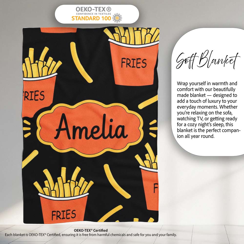 Cute Kawaii French Fries Black Background Seamless Pattern Name  Personalised Custom Name Super Soft Fleece Blanket Bed Sofa Throw