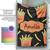 Cute Kawaii French Fries Black Background Seamless Pattern Name  Personalised Custom Name Super Soft Fleece Blanket Bed Sofa Throw