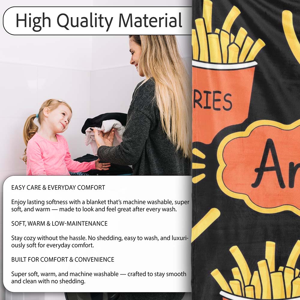 Cute Kawaii French Fries Black Background Seamless Pattern Name  Personalised Custom Name Super Soft Fleece Blanket Bed Sofa Throw