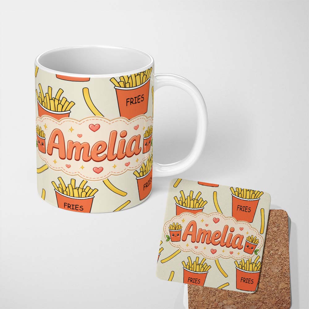 Personalized Custom Name Cute Kawaii French Fries Cream Background Seamless Pattern Name 11oz Ceramic Coffee Tea Mug White Large Handle