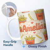 Personalized Custom Name Cute Kawaii French Fries Cream Background Seamless Pattern Name 11oz Ceramic Coffee Tea Mug White Large Handle