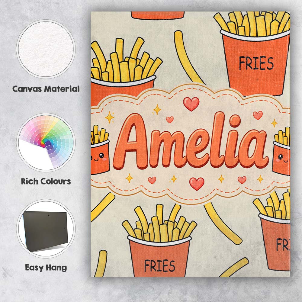 Personalised Name Cute Kawaii French Fries Custom  Unique Gift Idea Elegant Feature Canvas Wall Art Print Decor Picture Ready to Hang