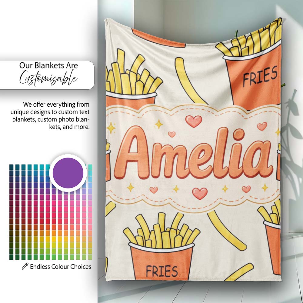 Cute Kawaii French Fries Cream Background Seamless Pattern Name  Personalised Custom Name Super Soft Fleece Blanket Bed Sofa Throw