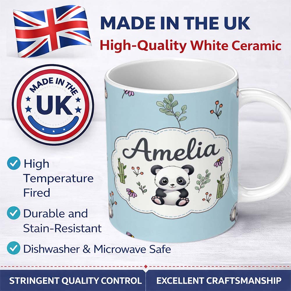 Personalized Custom Name Cute Panda Bear with Bamboo Leaves Floral Seamless Pattern Blue 11oz Ceramic Coffee Tea Mug White Large Handle