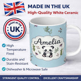 Personalized Custom Name Cute Panda Bear with Bamboo Leaves Floral Seamless Pattern Blue 11oz Ceramic Coffee Tea Mug White Large Handle