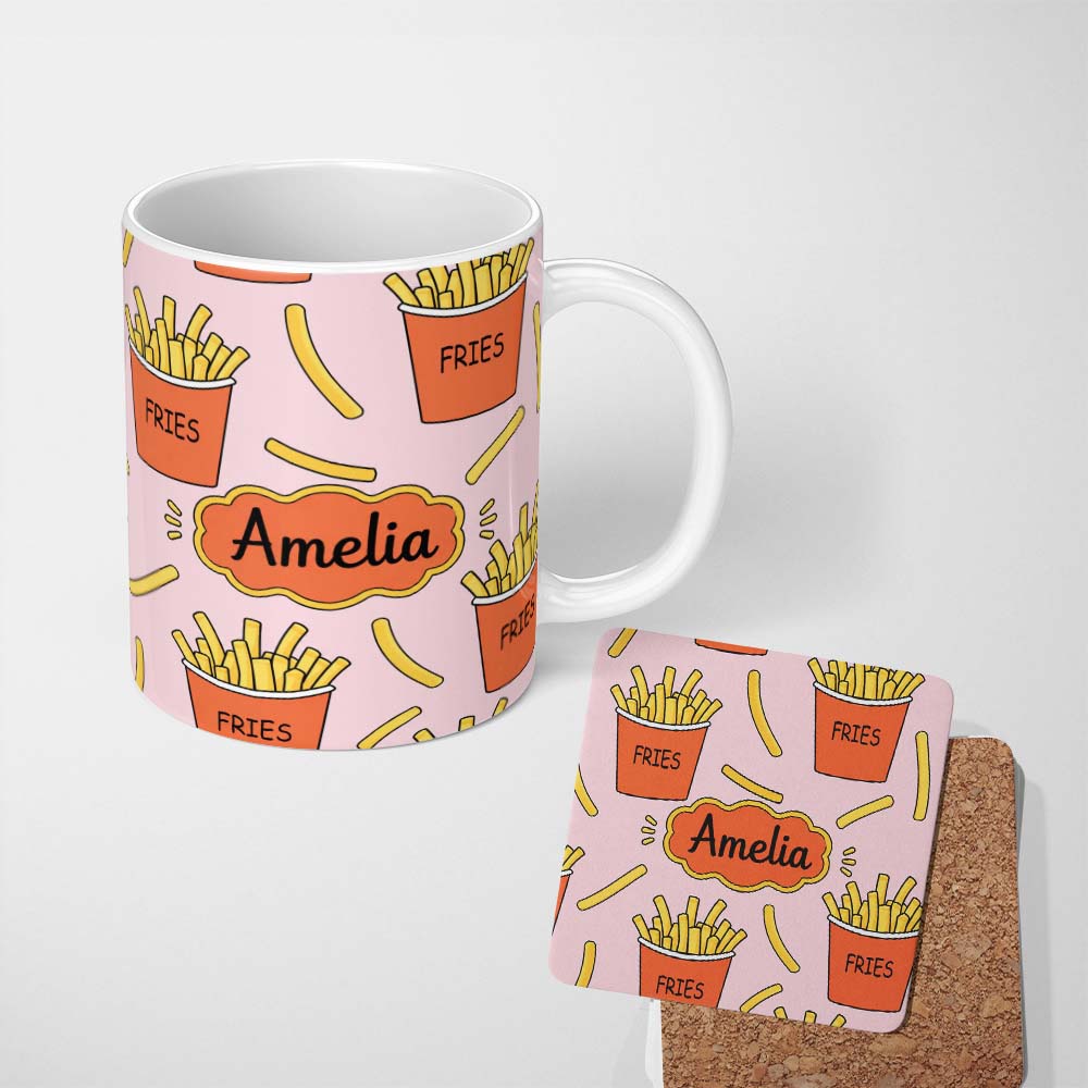 Personalized Custom Name Cute Kawaii French Fries Soft Pink Background Seamless Pattern 11oz Ceramic Coffee Tea Mug White Large Handle