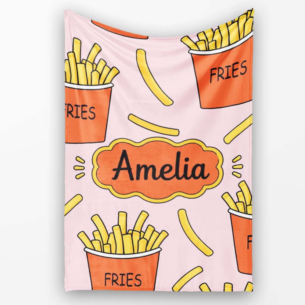 Cute Kawaii French Fries Soft Pink Background Seamless Pattern  Personalised Custom Name Super Soft Fleece Blanket Bed Sofa Throw