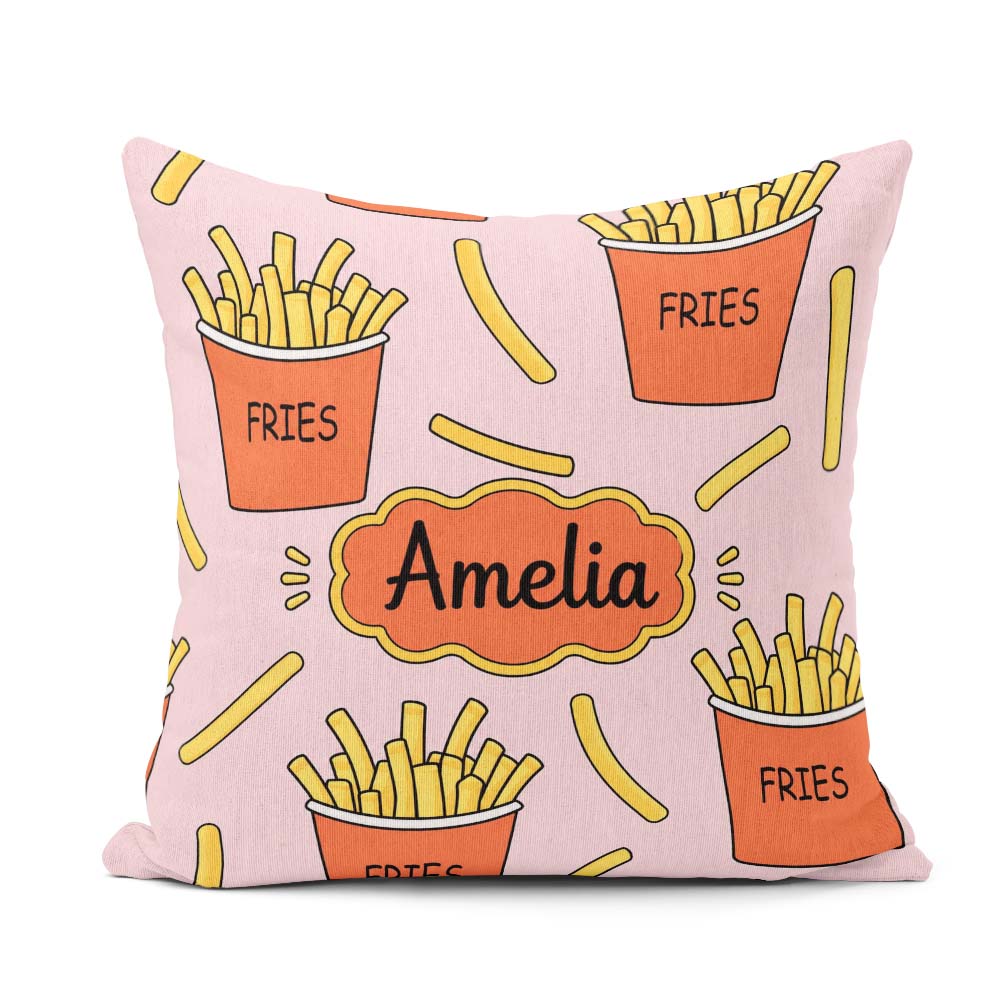 Custom Name Cute Kawaii French Fries Soft Pink Seamless Pattern Square Filled Cushion Throw Pillow Sofa Bed Home Decor Zip Washable UK Made