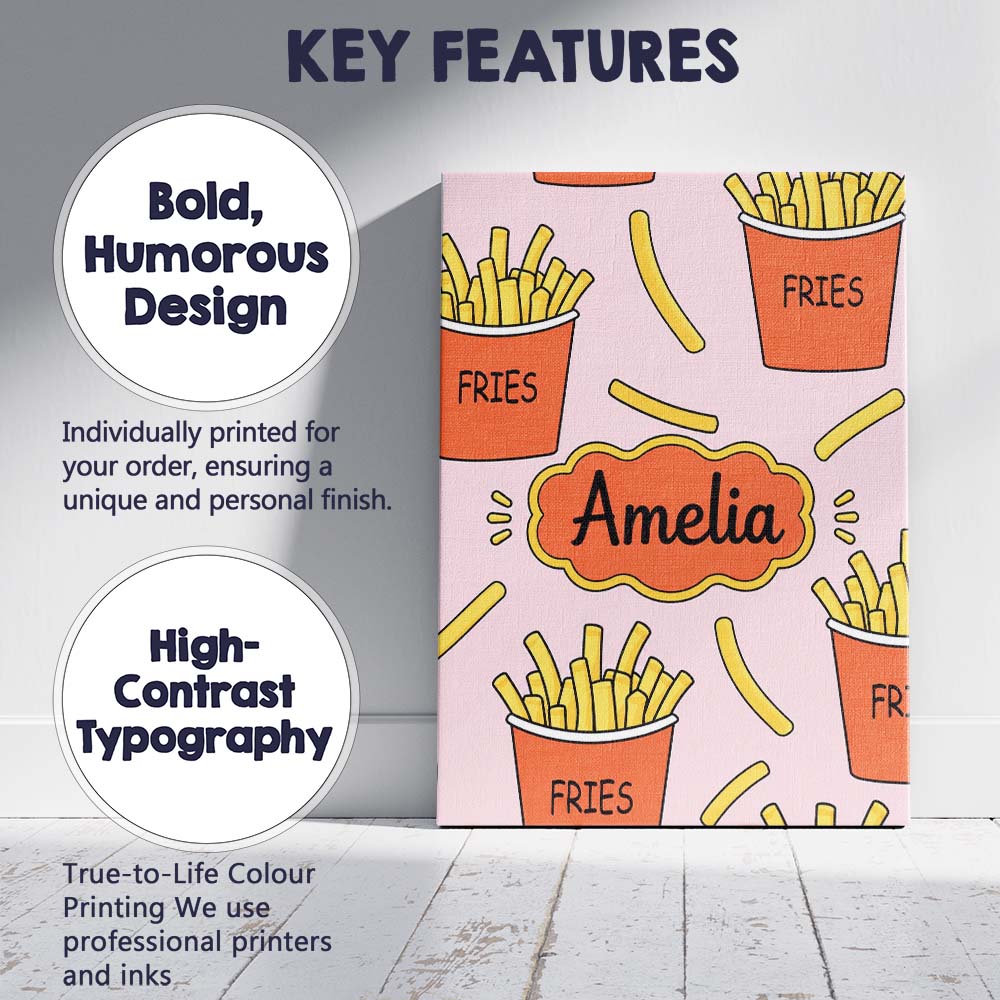 Personalised Name Cute Kawaii French Fries Custom  Unique Gift Idea Elegant Feature Canvas Wall Art Print Decor Picture Ready to Hang