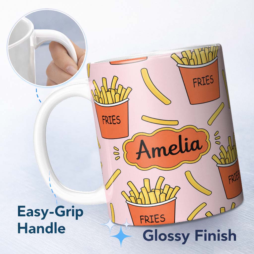 Personalized Custom Name Cute Kawaii French Fries Soft Pink Background Seamless Pattern 11oz Ceramic Coffee Tea Mug White Large Handle