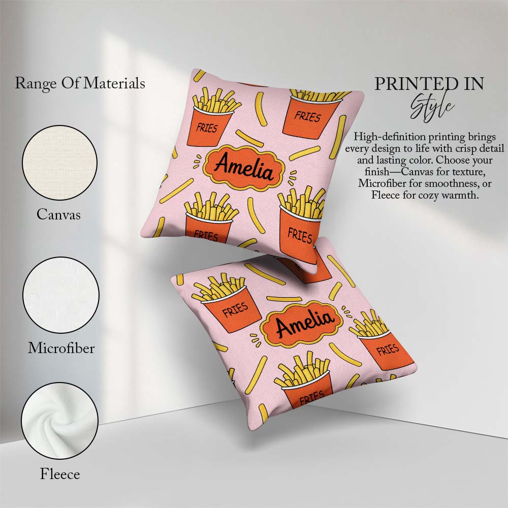 Custom Name Cute Kawaii French Fries Soft Pink Seamless Pattern Square Filled Cushion Throw Pillow Sofa Bed Home Decor Zip Washable UK Made