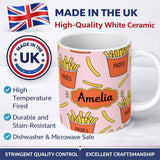 Personalized Custom Name Cute Kawaii French Fries Soft Pink Background Seamless Pattern 11oz Ceramic Coffee Tea Mug White Large Handle