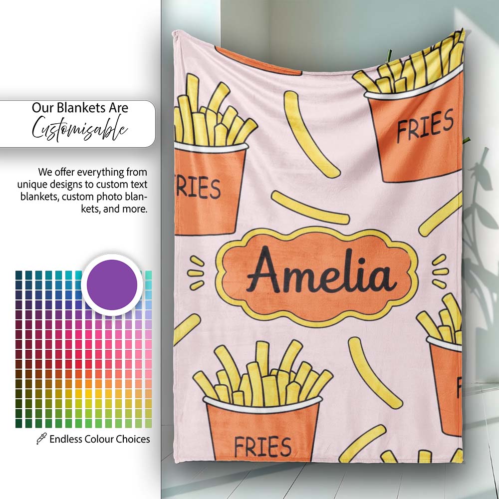 Cute Kawaii French Fries Soft Pink Background Seamless Pattern  Personalised Custom Name Super Soft Fleece Blanket Bed Sofa Throw