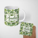 Personalized Custom Name Classic Green Monstera and Palm Leaves Tropical Seamless Pattern 11oz Ceramic Coffee Tea Mug White Large Handle