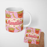 Personalized Custom Name Cute Kawaii French Fries Pastel Pink Background Seamless Pattern 11oz Ceramic Coffee Tea Mug White Large Handle