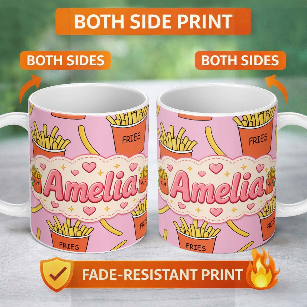 Personalized Custom Name Cute Kawaii French Fries Pastel Pink Background Seamless Pattern 11oz Ceramic Coffee Tea Mug White Large Handle