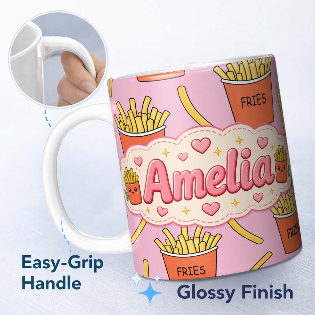 Personalized Custom Name Cute Kawaii French Fries Pastel Pink Background Seamless Pattern 11oz Ceramic Coffee Tea Mug White Large Handle
