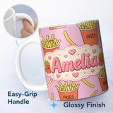Personalized Custom Name Cute Kawaii French Fries Pastel Pink Background Seamless Pattern 11oz Ceramic Coffee Tea Mug White Large Handle