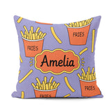 Custom Name French Fries Seamless Pattern Purple Background Name Square Filled Cushion Throw Pillow Sofa Bed Home Decor Zip Washable UK Made