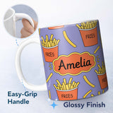 Personalized Custom Name Cute French Fries Seamless Pattern Purple Background Name Unique 11oz Ceramic Coffee Tea Mug White Large Handle