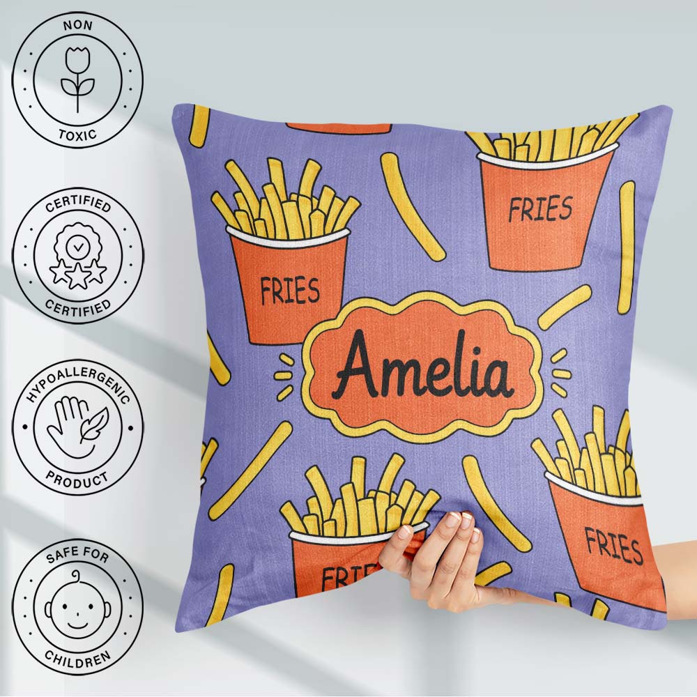 Custom Name French Fries Seamless Pattern Purple Background Name Square Filled Cushion Throw Pillow Sofa Bed Home Decor Zip Washable UK Made