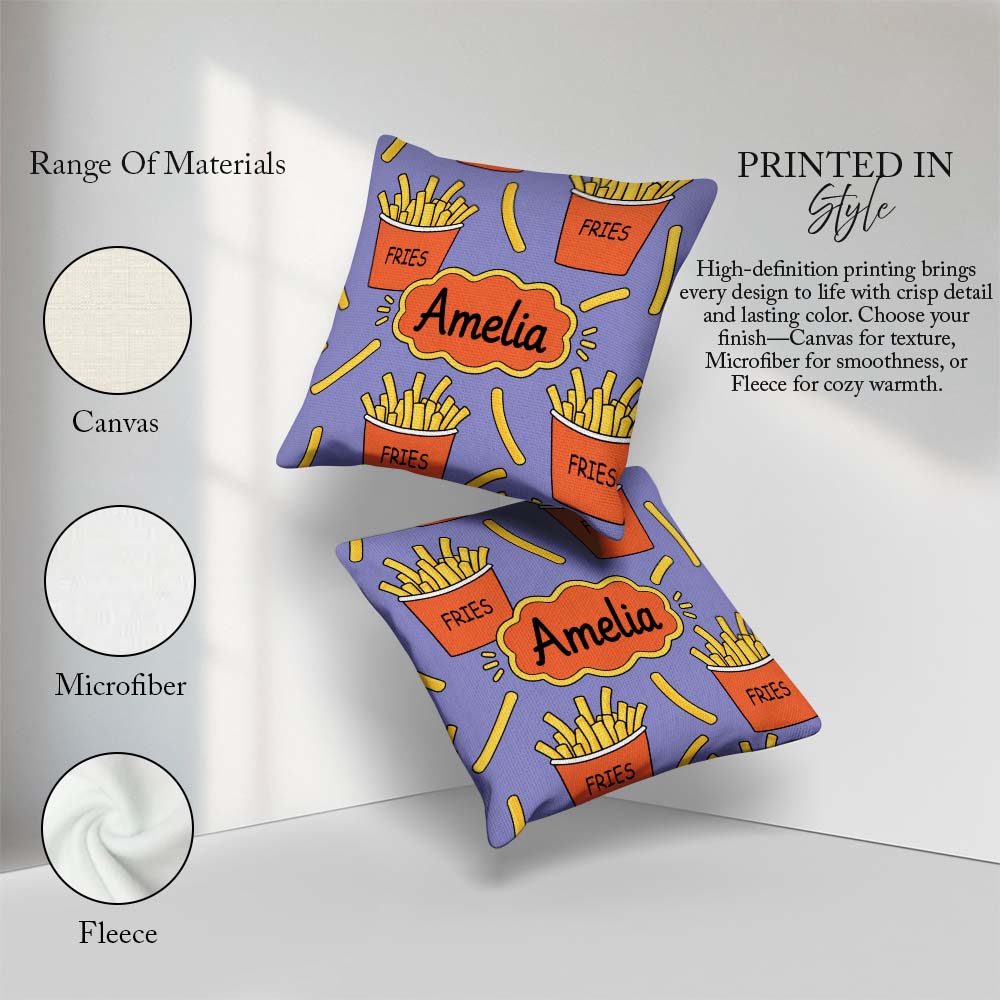 Custom Name French Fries Seamless Pattern Purple Background Name Square Filled Cushion Throw Pillow Sofa Bed Home Decor Zip Washable UK Made