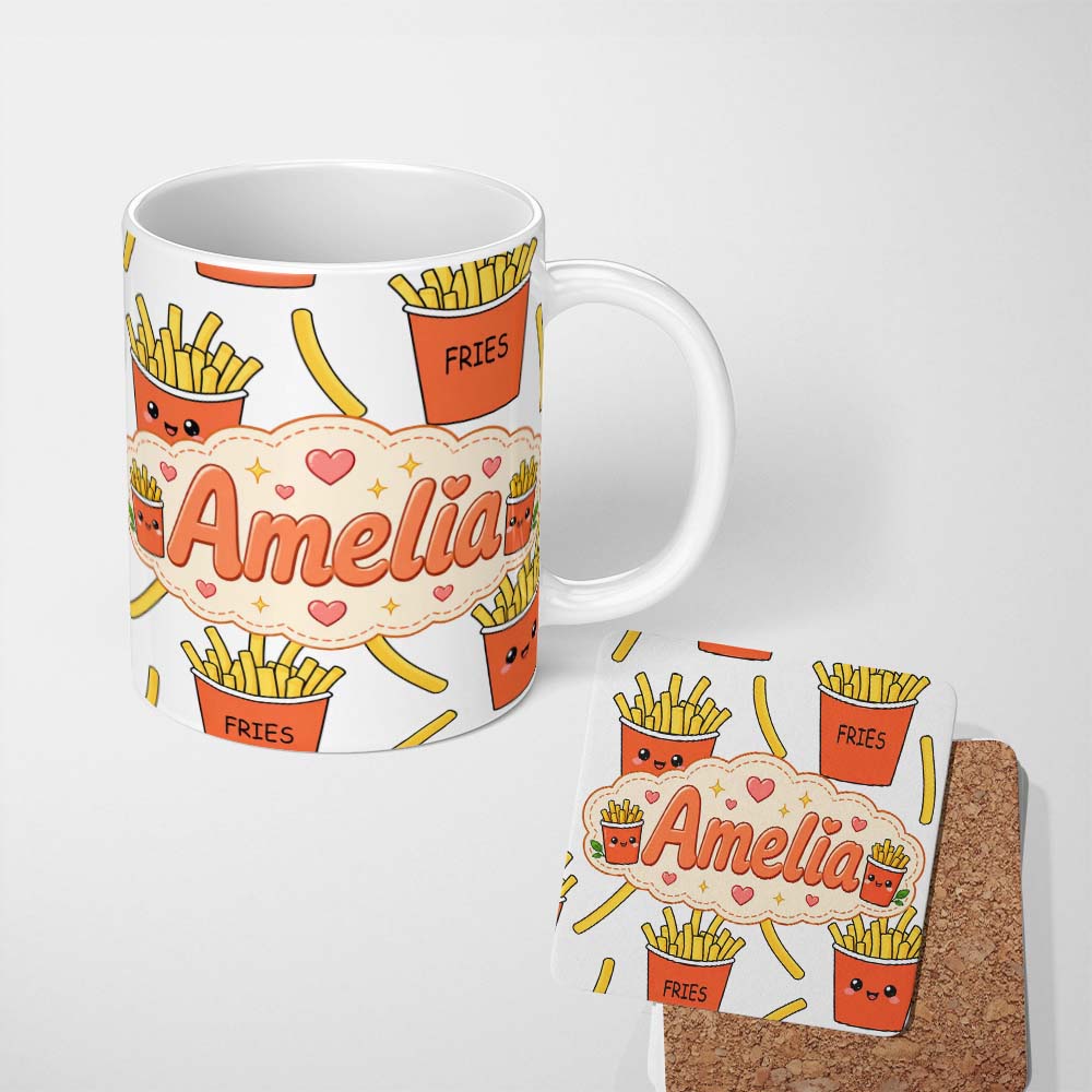 Personalized Custom Name Cute French Fries Seamless Pattern Grey Background Custom Name 11oz Ceramic Coffee Tea Mug White Large Handle