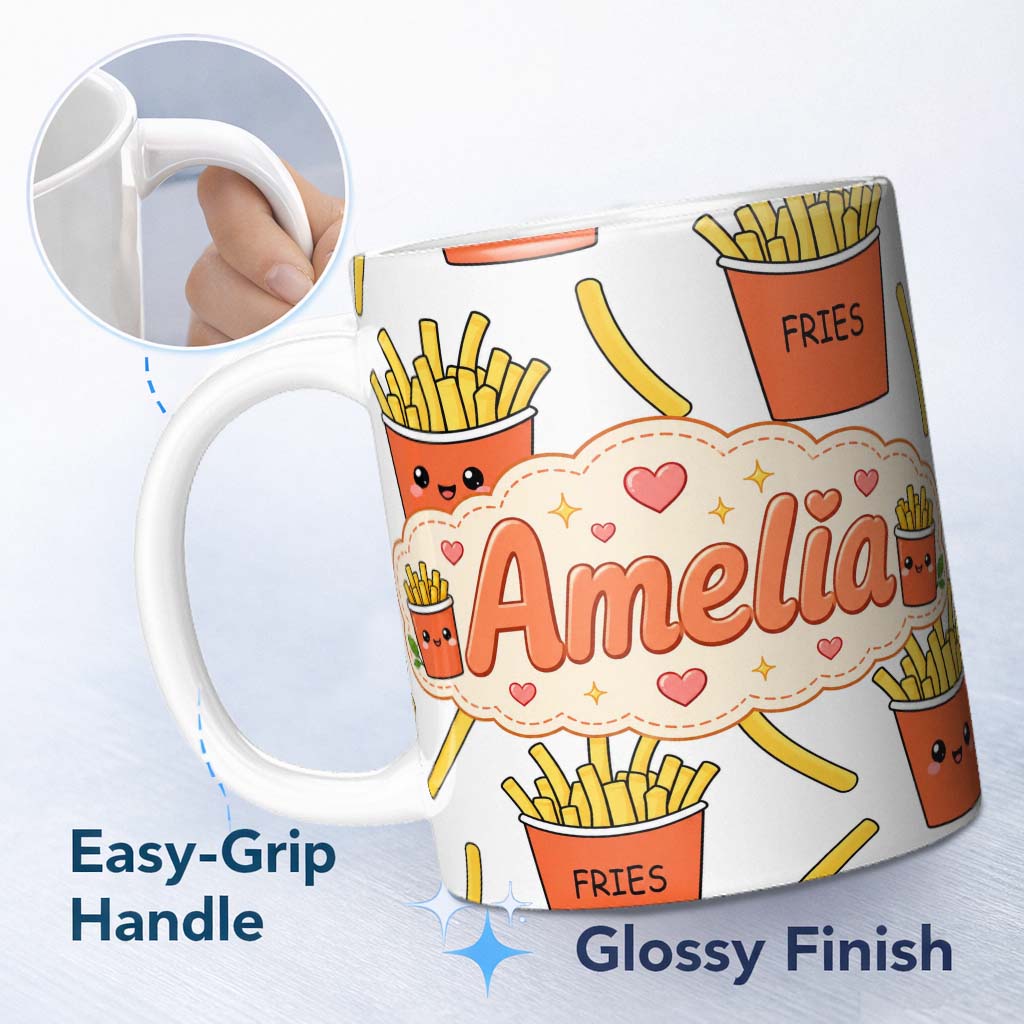 Personalized Custom Name Cute French Fries Seamless Pattern Grey Background Custom Name 11oz Ceramic Coffee Tea Mug White Large Handle